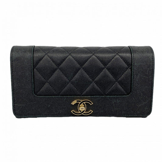 Chanel Wallet Mademoiselle Caviar Leather Black Champagne Gold