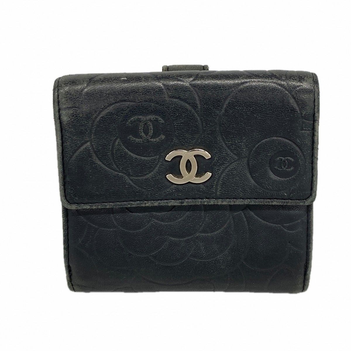 Chanel Wallet Camellia Lambskin Black Silver