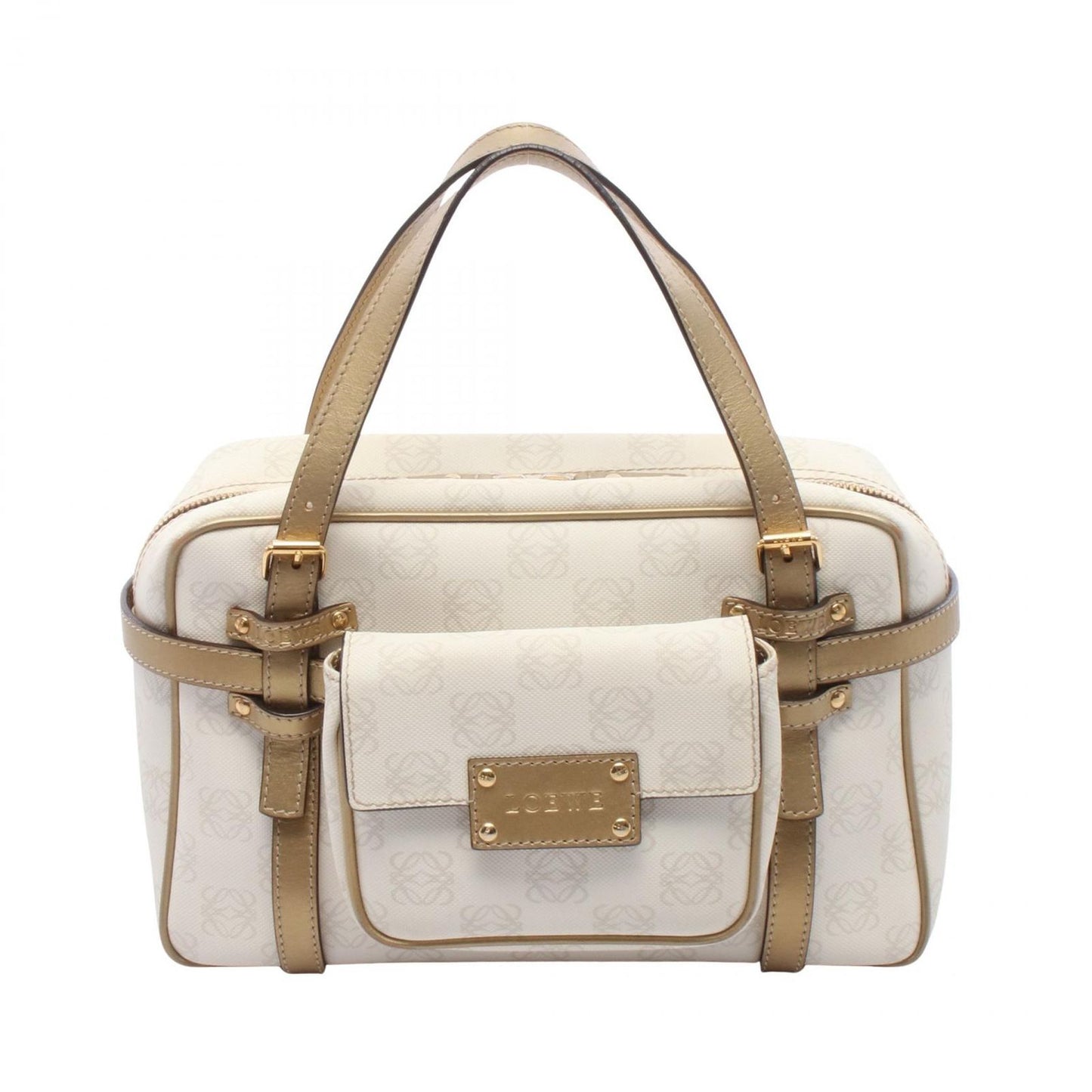 Loewe Handbag Pockets White Gold Canvas Leather Repeat Anagram