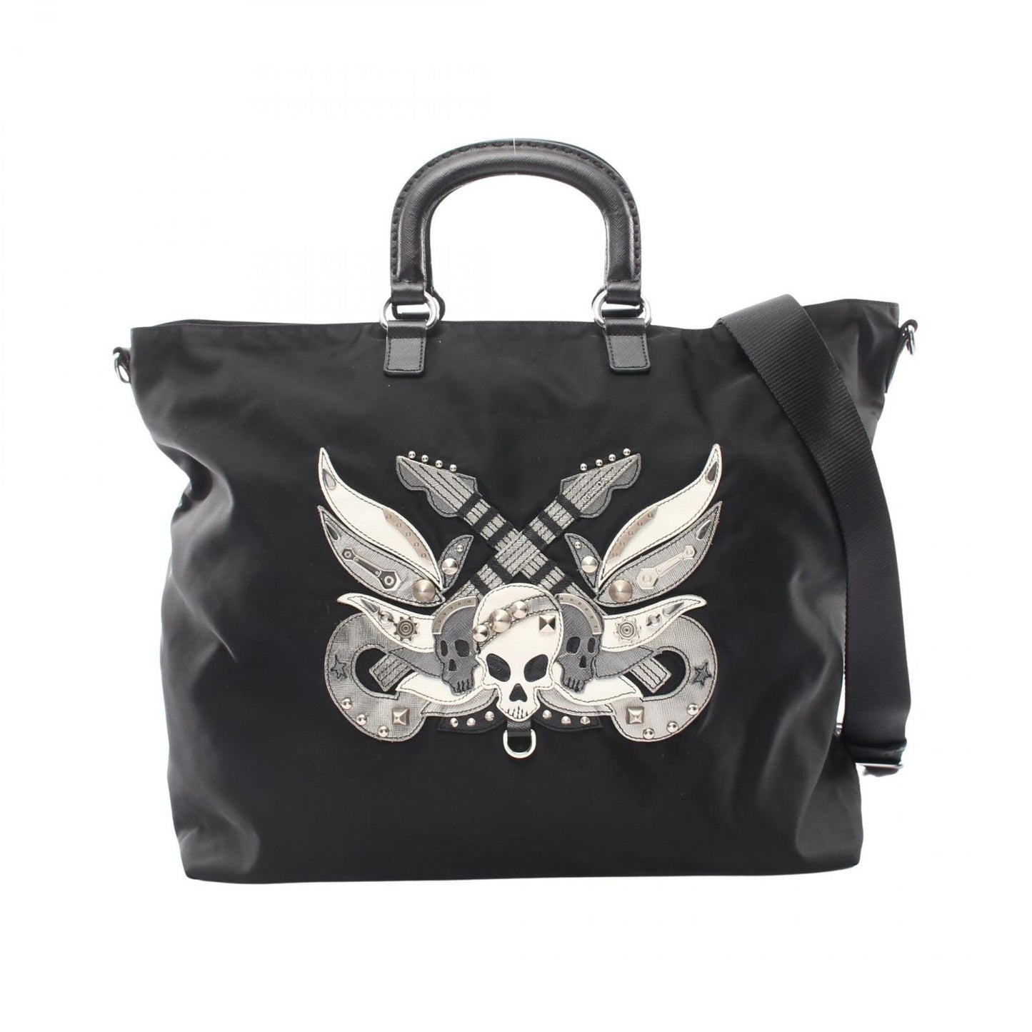 Prada Tote Skull Studs 2-Way Black Nylon Saffiano Leather Shoulder