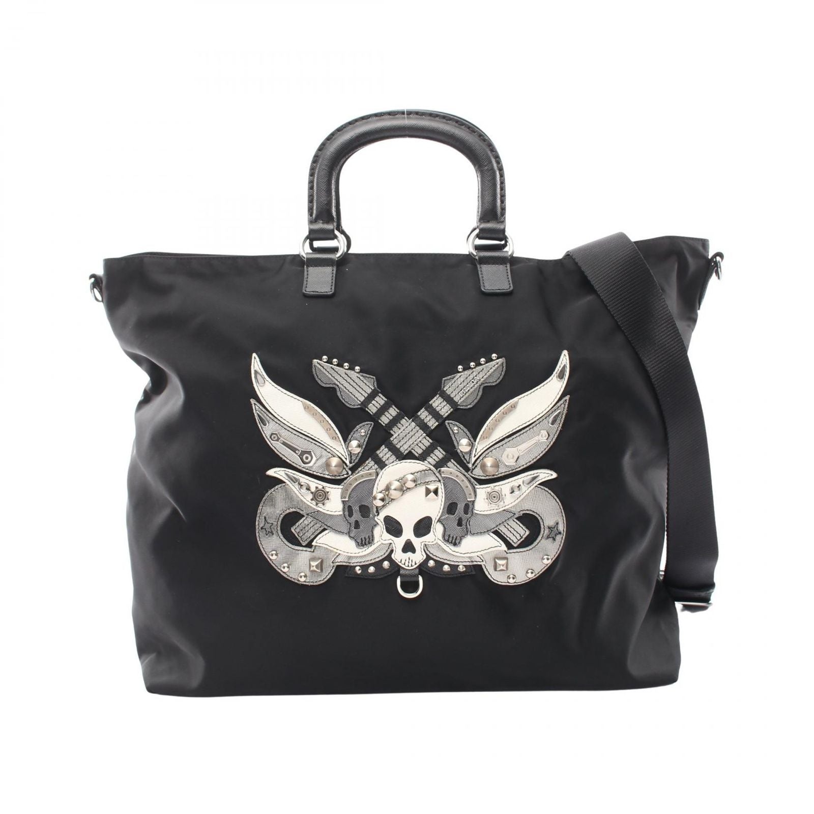 Prada Tote Skull Studs 2-Way Black Nylon Saffiano Leather Shoulder