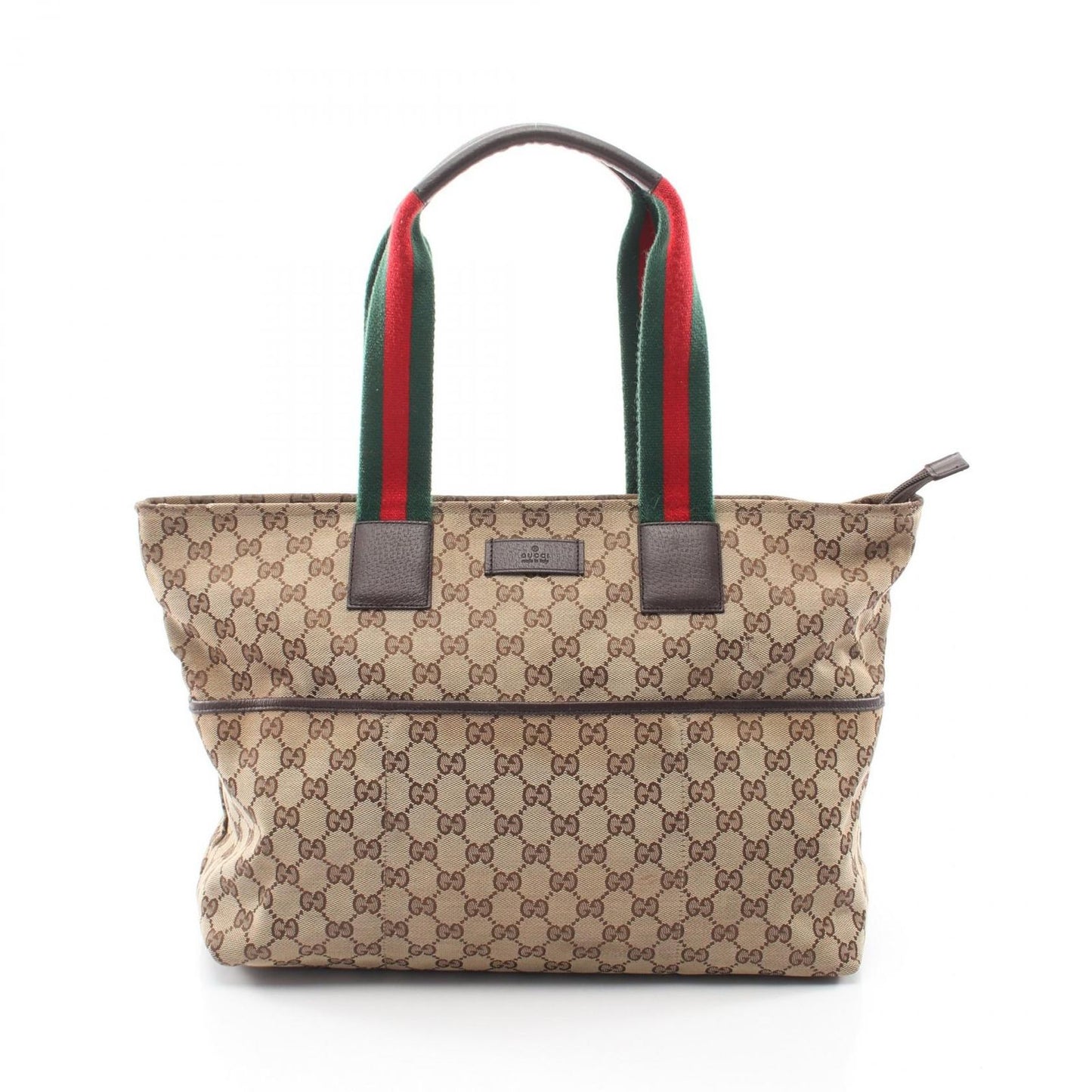 Gucci Tote Webbing Line Mother's Brown Canvas Leather Sherry