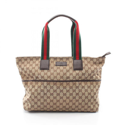 Gucci Tote Webbing Line Mother's Brown Canvas Leather Sherry