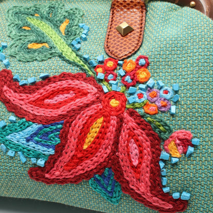 Gucci Handbag Bamboo Flower Embroidery Green Multicolor Exotic Cles the Hand — view 6