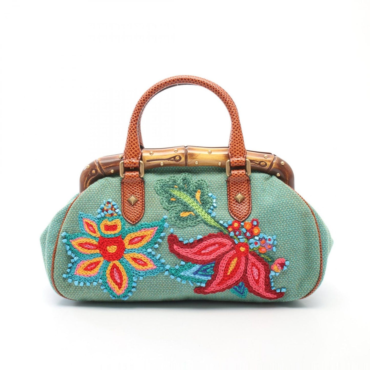 Gucci Handbag Bamboo Flower Embroidery Green Multicolor Exotic Cles the Hand