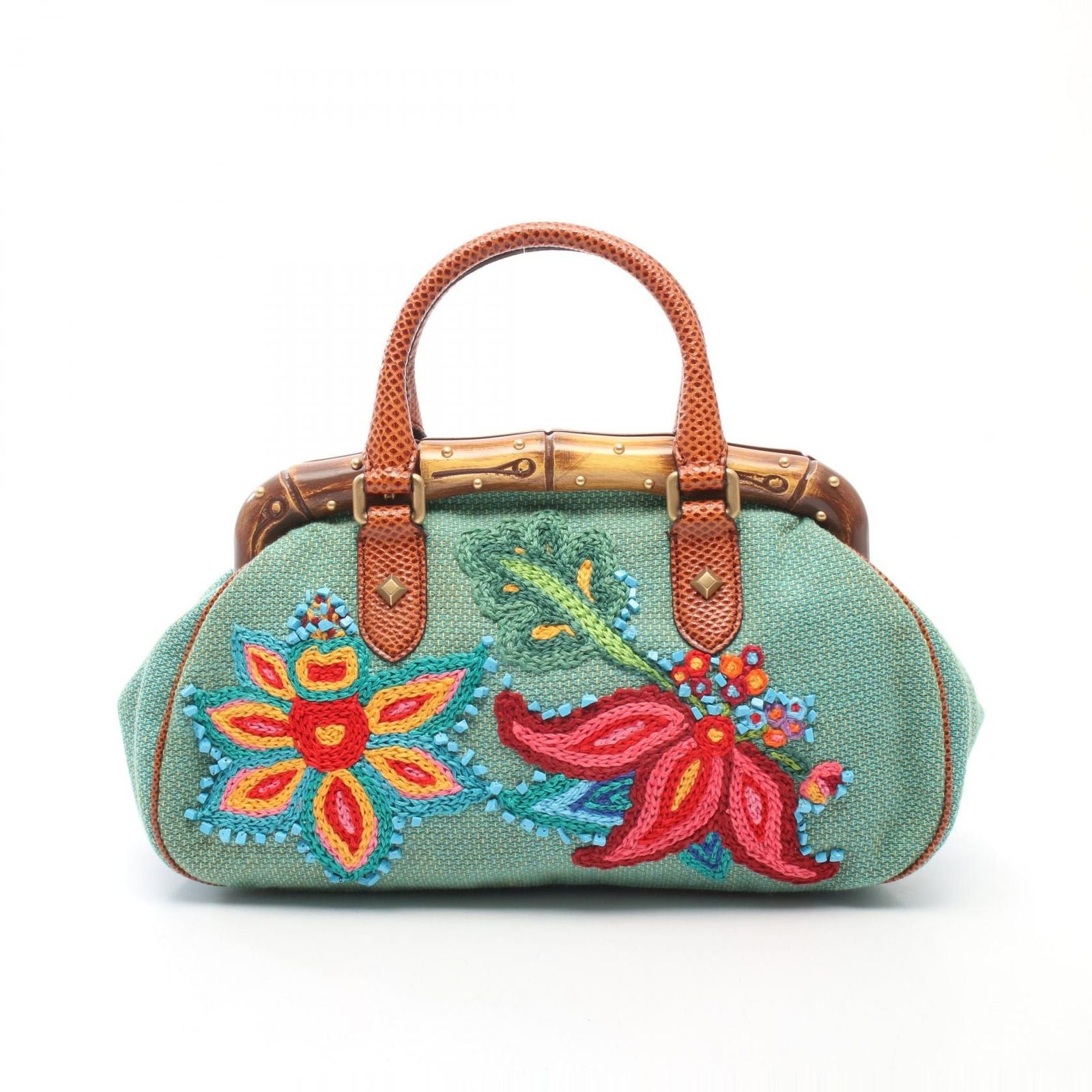 Gucci Handbag Bamboo Flower Embroidery Green Multicolor Exotic Cles the Hand