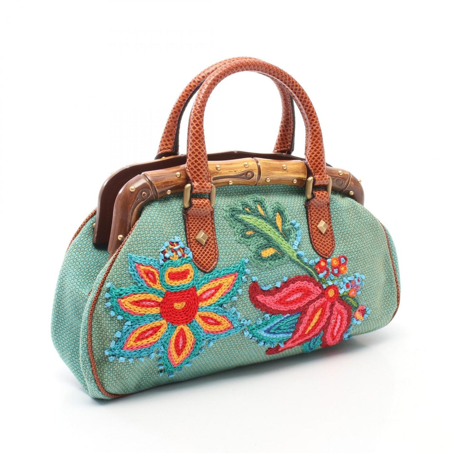 Gucci Handbag Bamboo Flower Embroidery Green Multicolor Exotic Cles the Hand — view 2