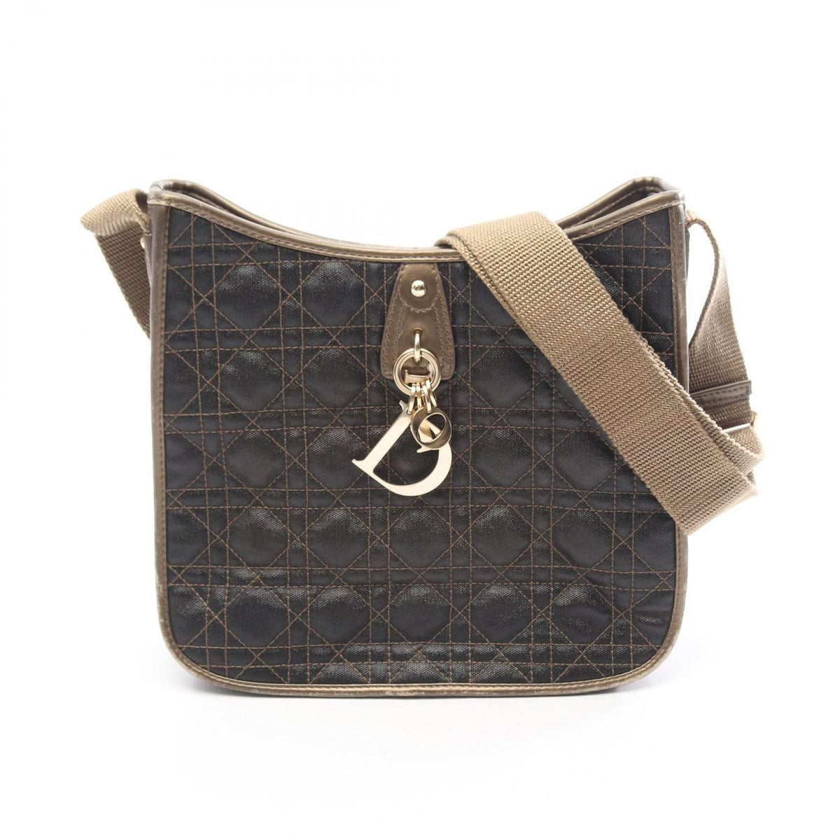 Dior Shoulder Bag Cannage Dark Brown Gold Canvas Leather