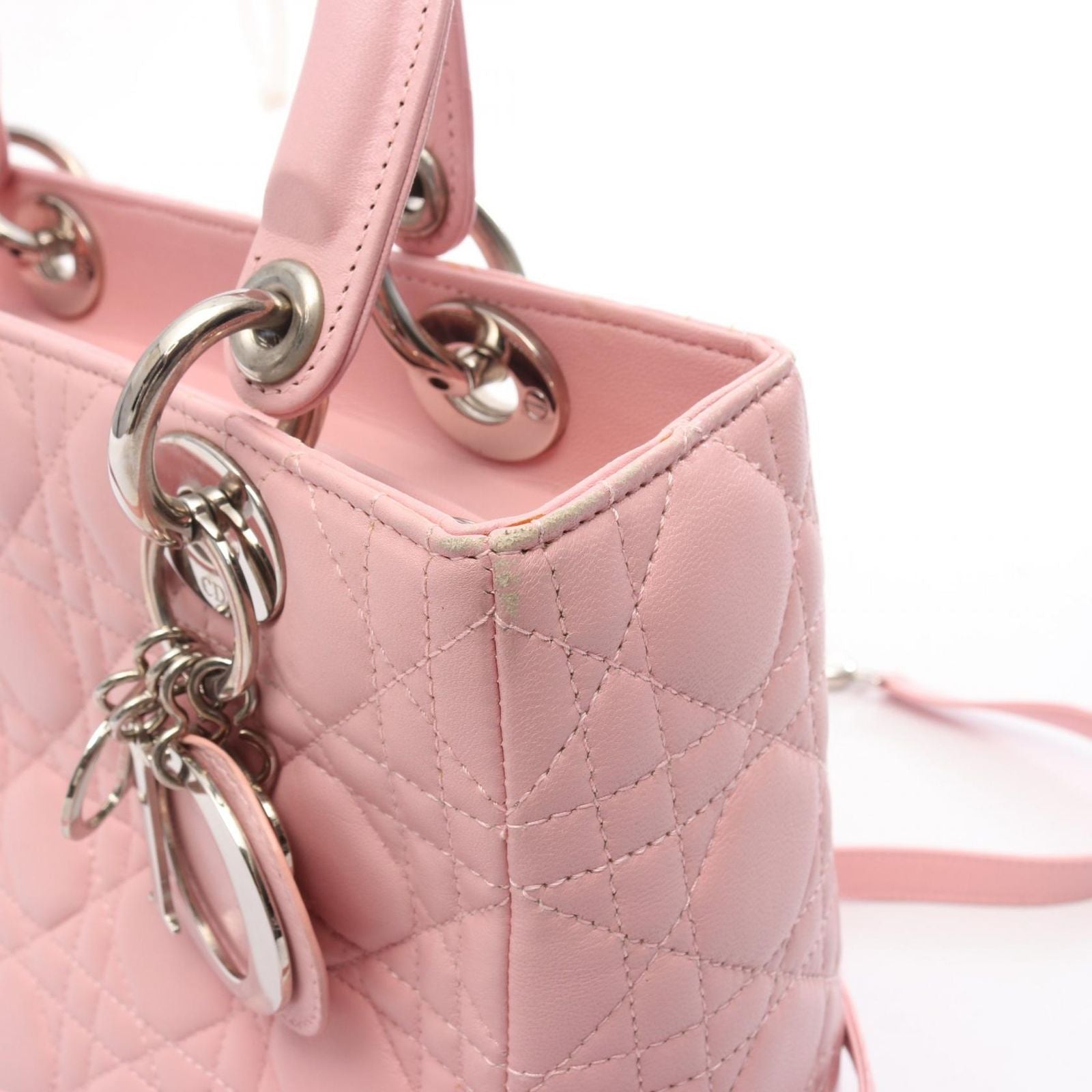 Dior Handbag Lady Dior 2-Way Pink Leather Cannage Tote — view 9
