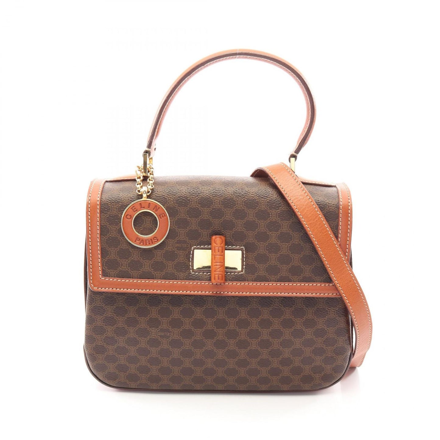 Celine Handbag Macadam 2-Way Dark Brown Canvas Leather Top Handle