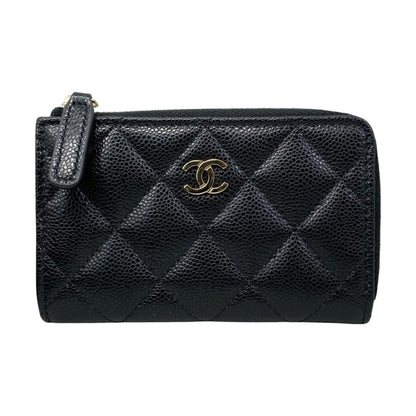 Chanel Card Case Coin Purse Quilted CC Logo Caviar Leather Black Gold