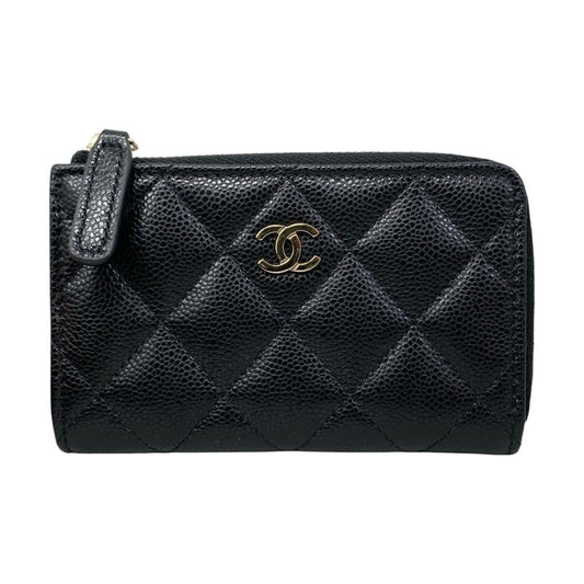 Chanel Card Case Coin Purse Quilted CC Logo Caviar Leather Black Gold