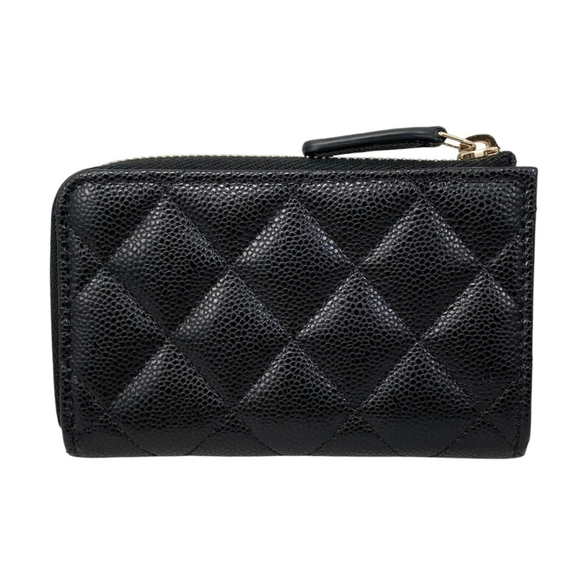 Chanel Card Case Coin Purse Quilted CC Logo Caviar Leather Black Gold — view 2