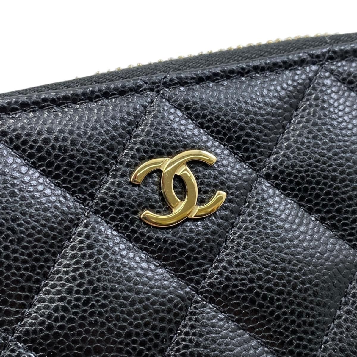 Chanel Card Case Coin Purse Quilted CC Logo Caviar Leather Black Gold — view 5