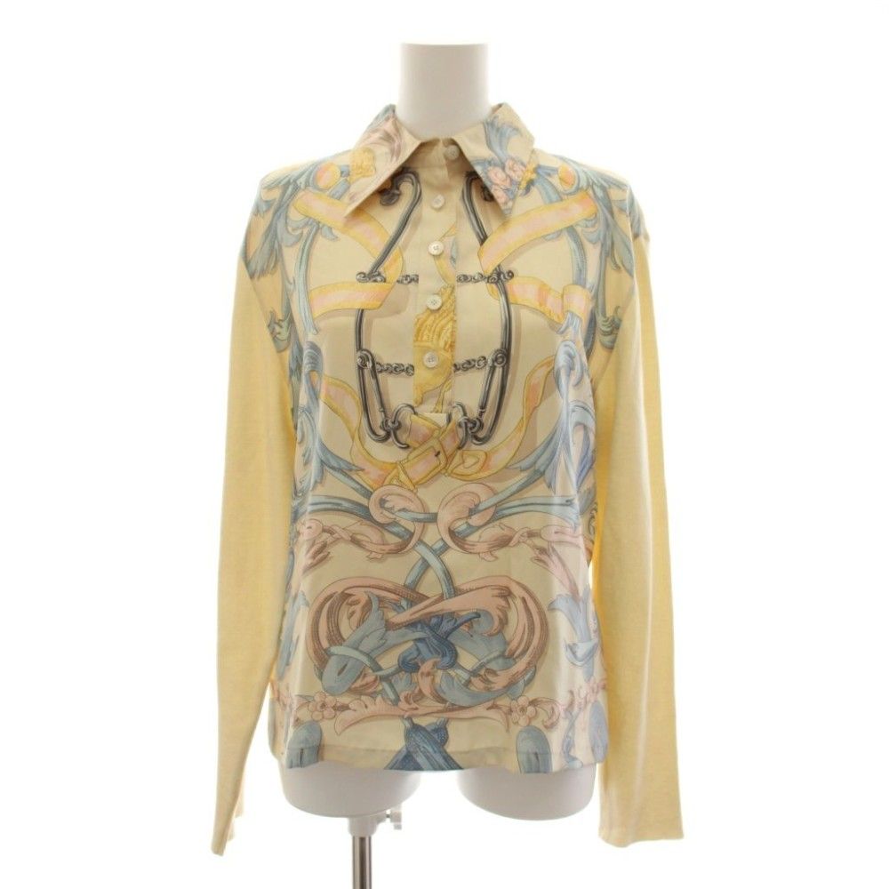 Hermes Vintage Scarf Pattern Silk Cotton Knit Contrast Shirt Blouse Long Sleeve