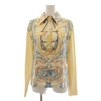 Hermes Vintage Scarf Pattern Silk Cotton Knit Contrast Shirt Blouse Long Sleeve