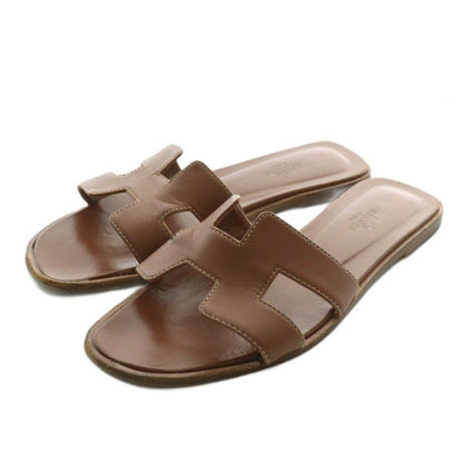 Hermes Oran Sandals Leather Open Toe Flat 38 Brown