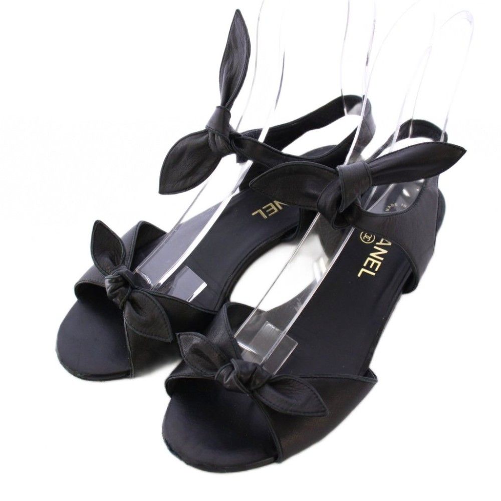 Chanel Strap Sandals Ankle Round Toe Heels Leather Ribbon One Color CC Logo