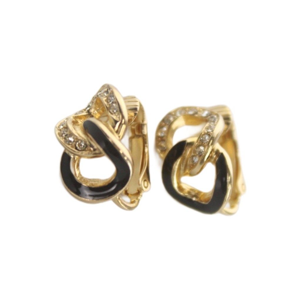 Dior Earrings Clip on Rhinestone Logo Gold