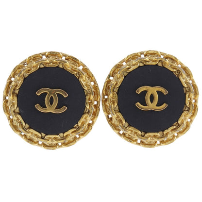 Chanel CC Logo Vintage Gold Plated Plastic Black Earrings