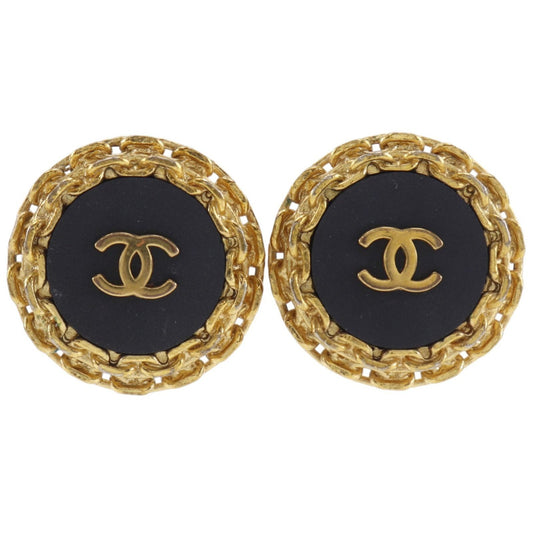 Chanel CC Logo Vintage Gold Plated Plastic Black Earrings