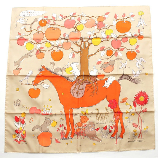 Hermes Carre 90 le Pommier Sellier le Series Silk Scarf Horse Apple Animal Beige