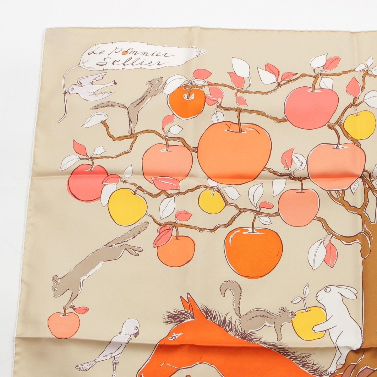 Hermes Carre 90 le Pommier Sellier le Series Silk Scarf Horse Apple Animal Beige — view 2