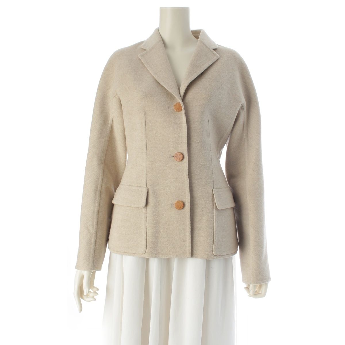 Hermes Cashmere Tailored Jacket Logo Button Solded Ivory 38