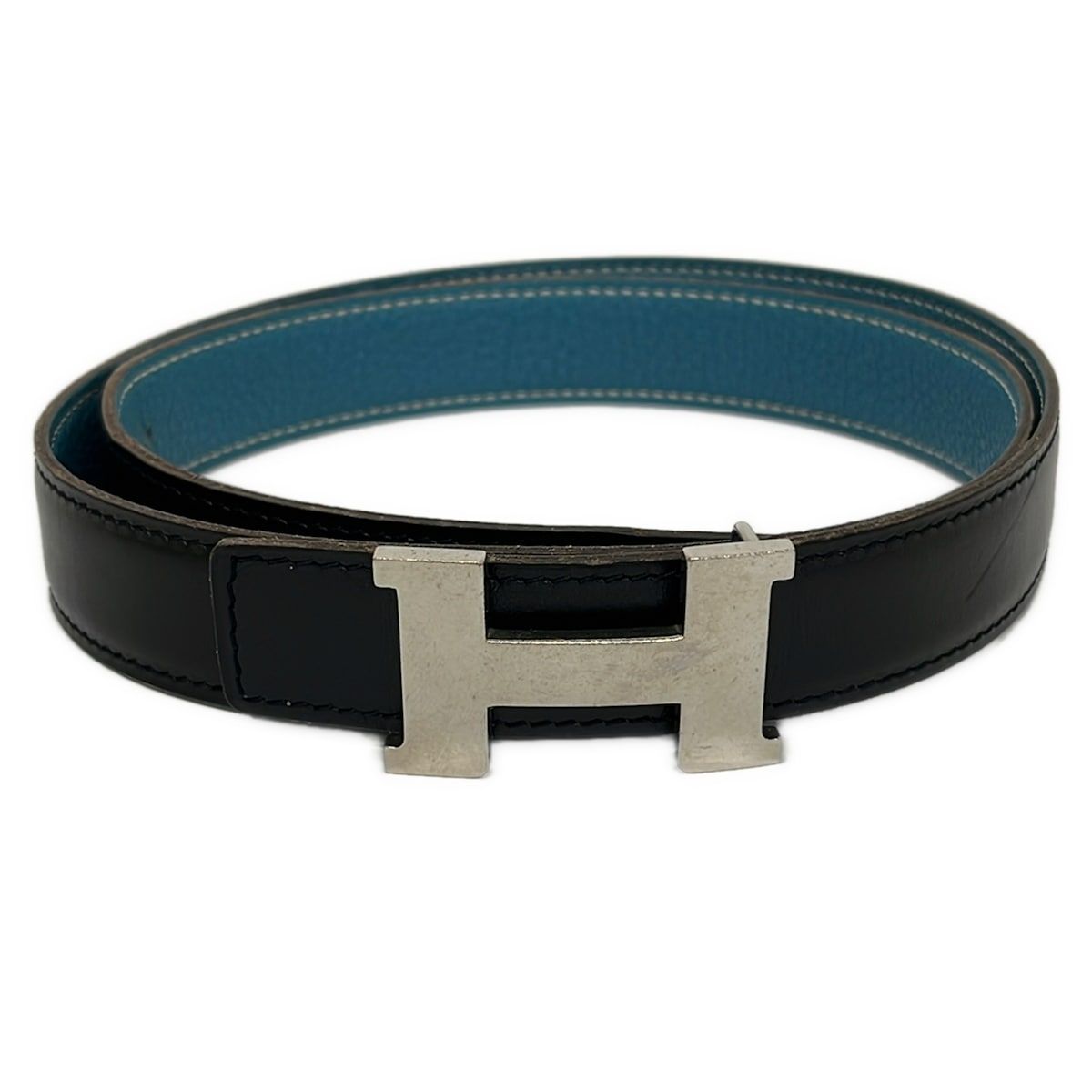 Hermes Belt 80 Black Blue Jean Silver Reversible