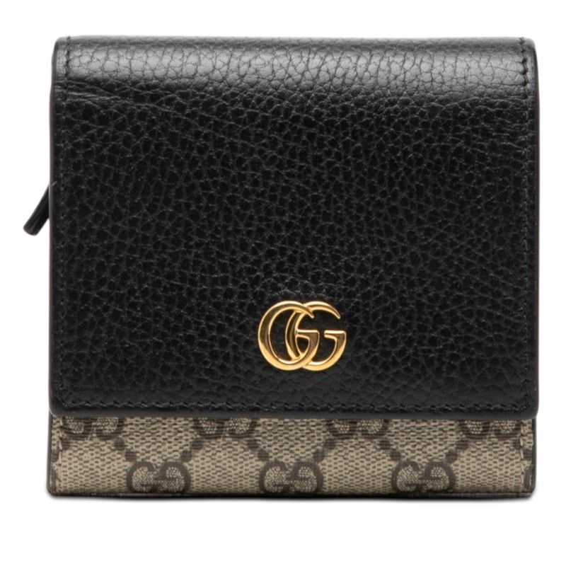 Gucci GG Supreme Marmont Logo L-shaped Zipper Bifold Wallet Beige Black Leather