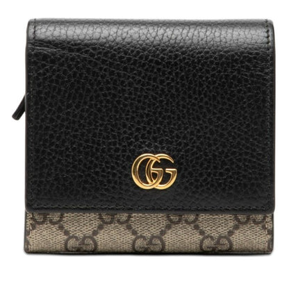 Gucci GG Supreme Marmont Logo L-shaped Zipper Bifold Wallet Beige Black Leather