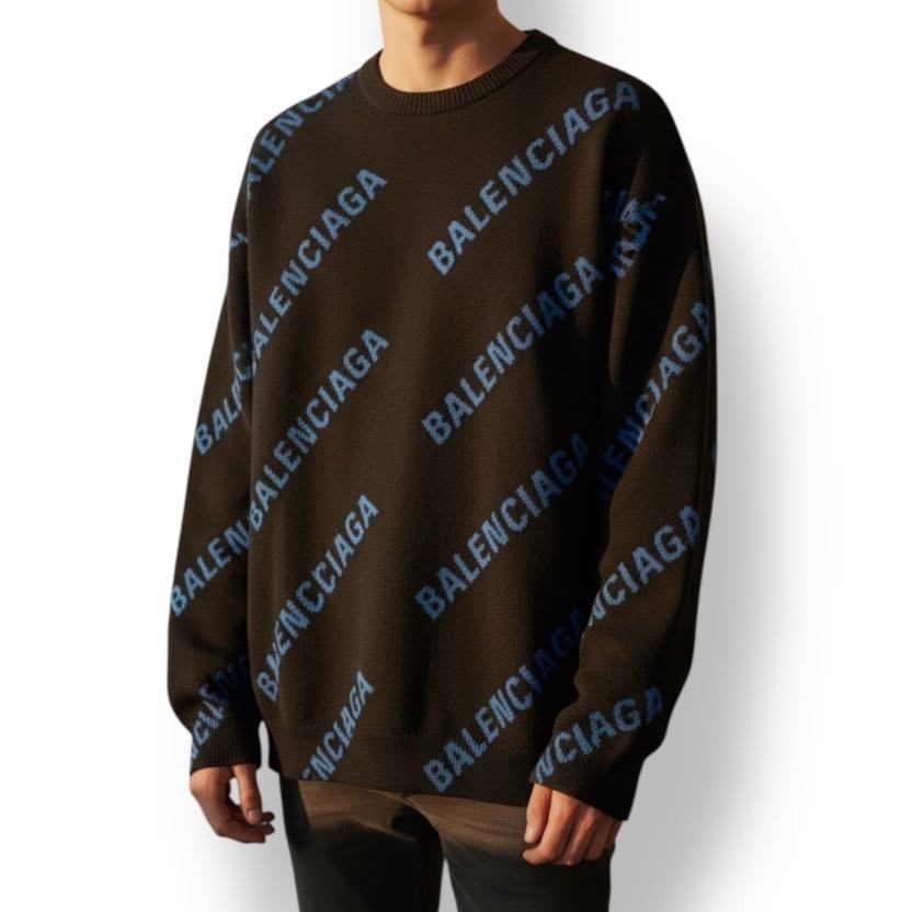 Balenciaga Big Silhouette Long Sleeve Knit Logo All Over Pattern Black Blue
