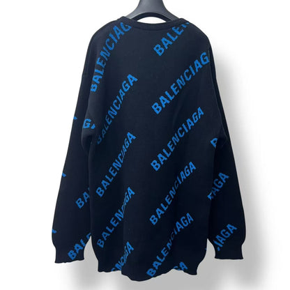 Balenciaga Big Silhouette Long Sleeve Knit Logo All Over Pattern Black Blue — view 3