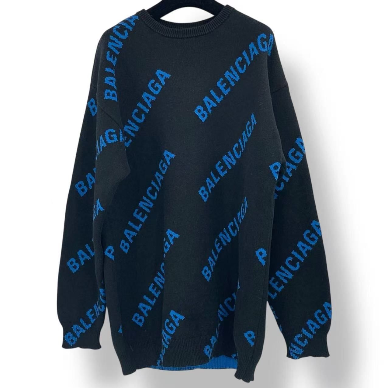 Balenciaga Big Silhouette Long Sleeve Knit Logo All Over Pattern Black Blue — view 2