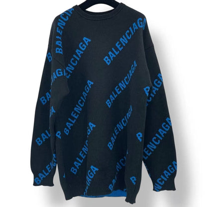 Balenciaga Big Silhouette Long Sleeve Knit Logo All Over Pattern Black Blue — view 2