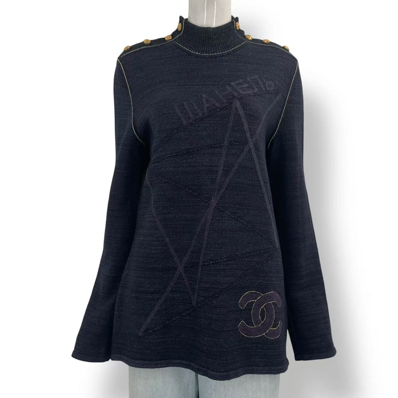 Chanel Sweater Gold Button CC Logo Wool 46