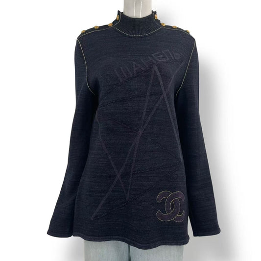 Chanel Sweater Gold Button CC Logo Wool 46