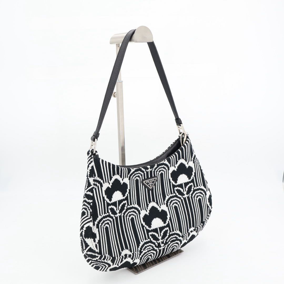 Prada Cles Jacquard Leather Shoulder Bag Black White