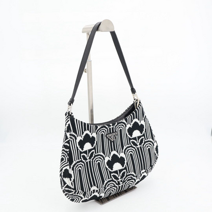 Prada Cles Jacquard Leather Shoulder Bag Black White
