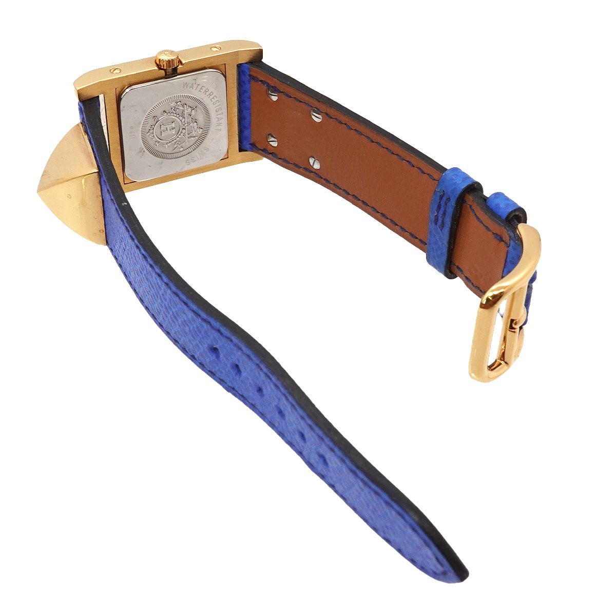 Hermes Medor Vintage Watch Pyramid Gold Studs White Leather Quartz — view 5