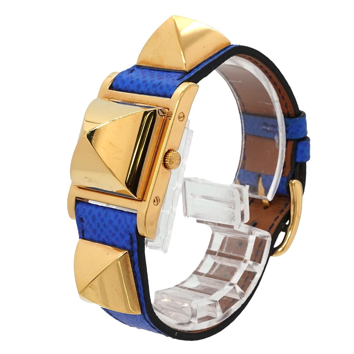 Hermes Medor Vintage Watch Pyramid Gold Studs White Leather Quartz — view 3