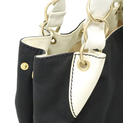 Chanel CC Logo Big Chain Tote Shoulder Canvas Leather Black White Gold — view 8