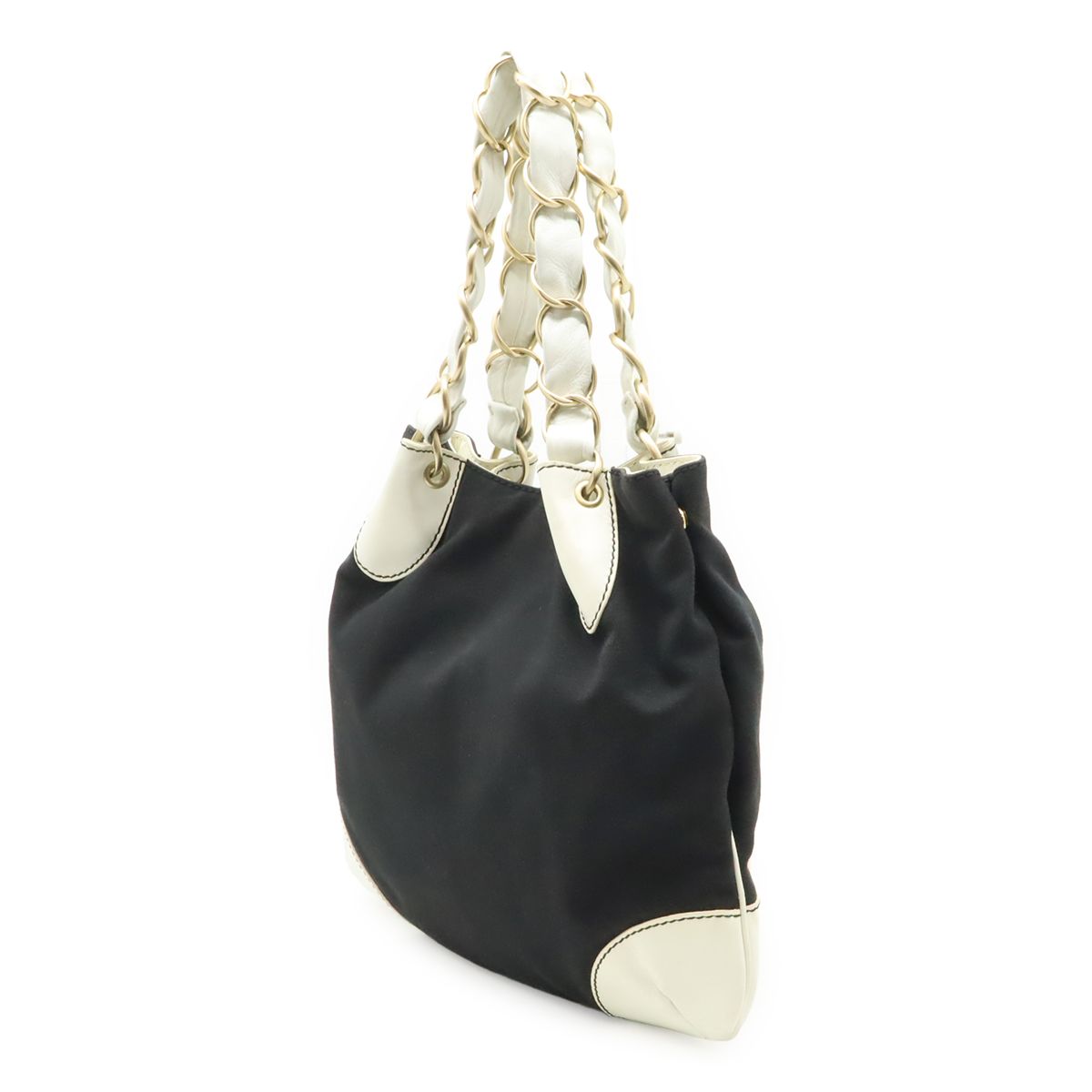 Chanel CC Logo Big Chain Tote Shoulder Canvas Leather Black White Gold — view 2