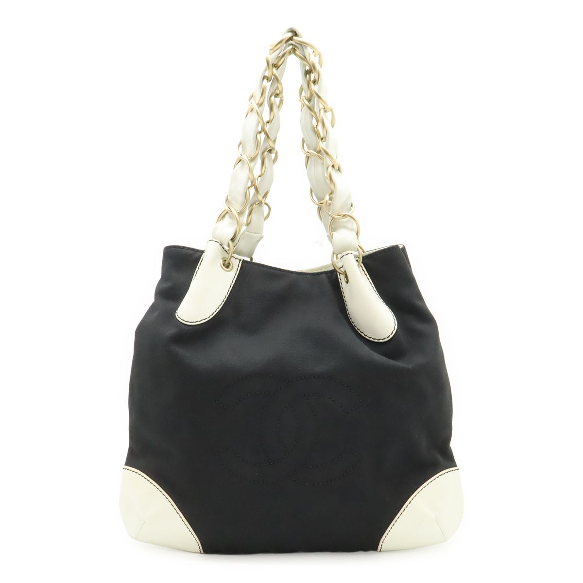 Chanel CC Logo Big Chain Tote Shoulder Canvas Leather Black White Gold