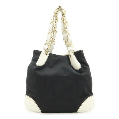 Chanel CC Logo Big Chain Tote Shoulder Canvas Leather Black White Gold