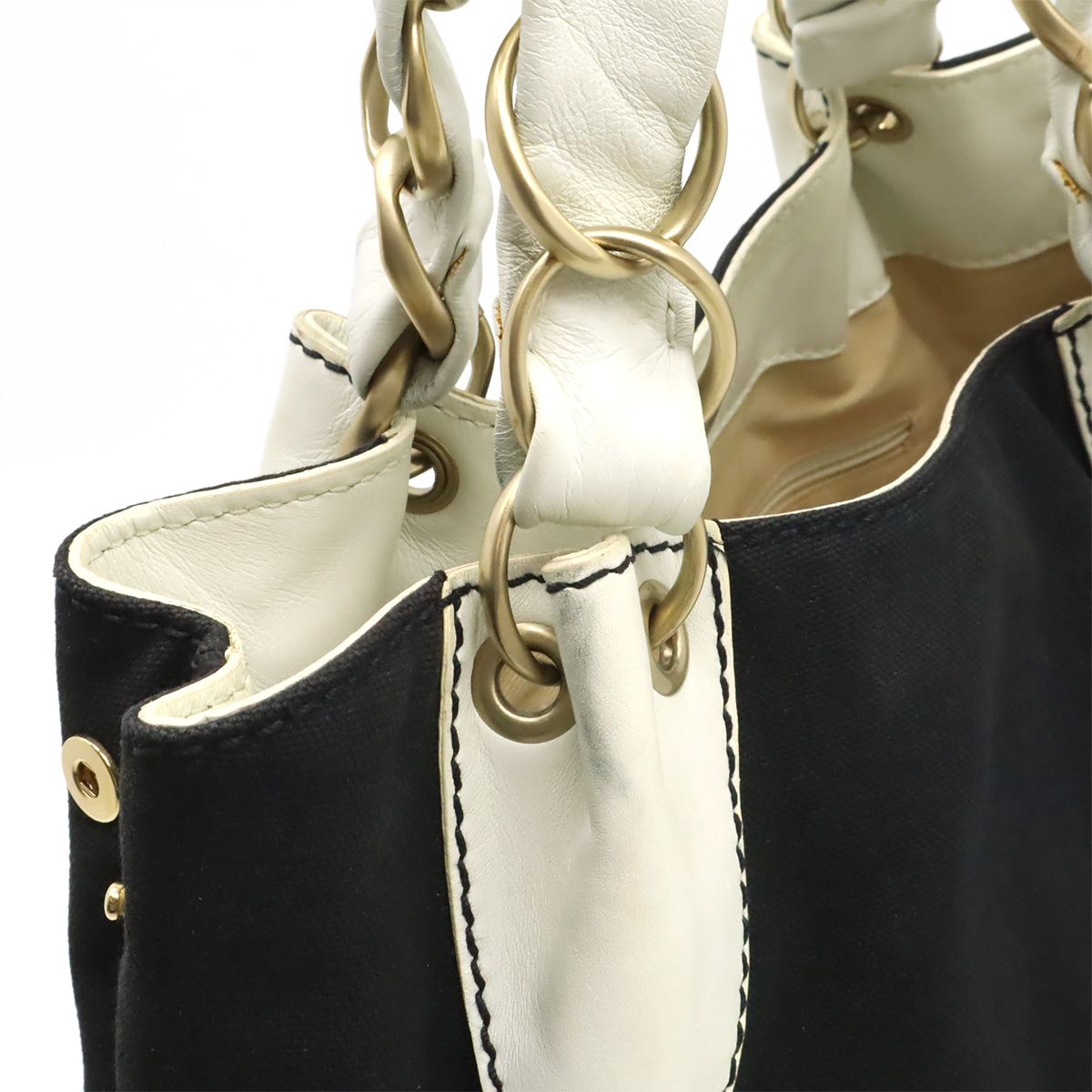 Chanel CC Logo Big Chain Tote Shoulder Canvas Leather Black White Gold — view 4