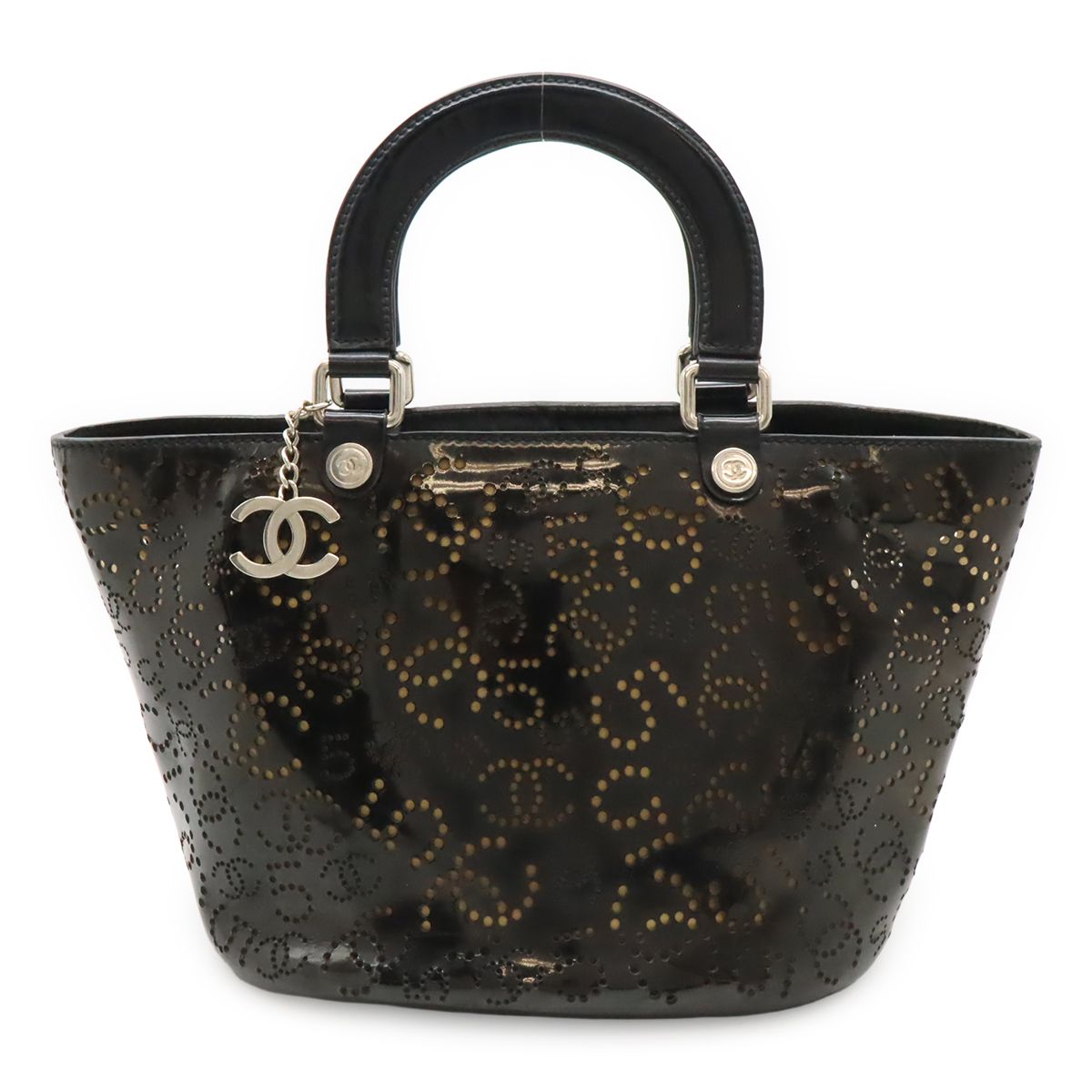 Chanel CC Logo Perforated Tote Enamel Patent Leather Black Silver