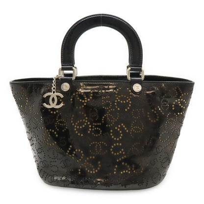 Chanel CC Logo Perforated Tote Enamel Patent Leather Black Silver