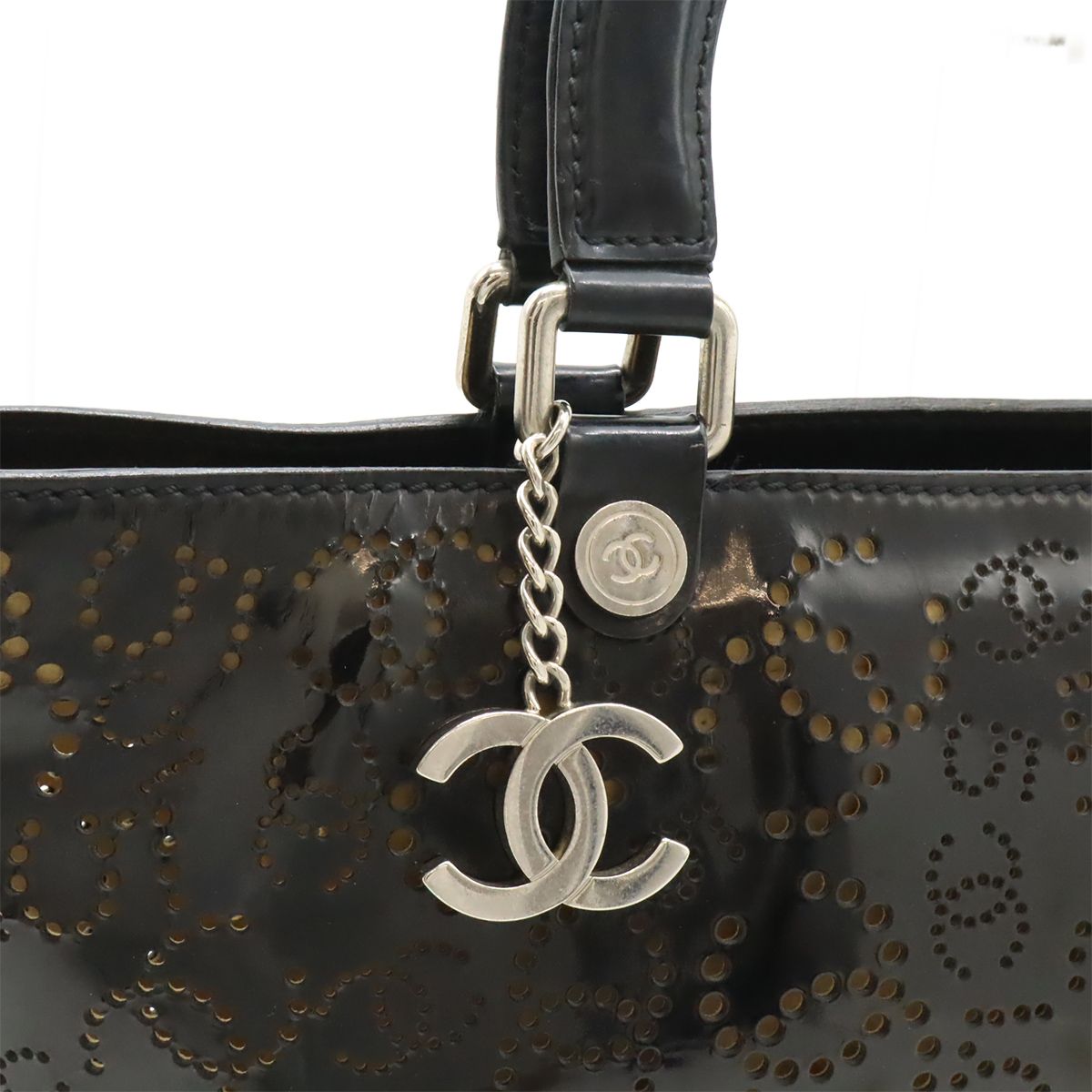 Chanel CC Logo Perforated Tote Enamel Patent Leather Black Silver — view 8