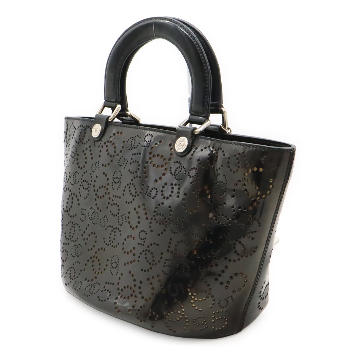 Chanel CC Logo Perforated Tote Enamel Patent Leather Black Silver — view 2